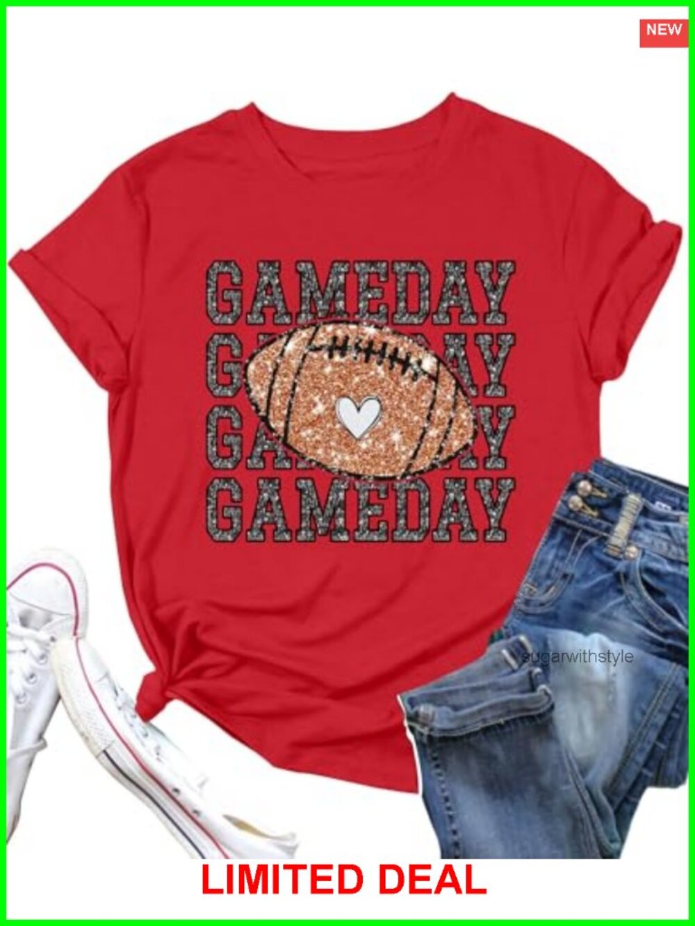 Vintage Glitter Football Graphic Tee Women's Crew Neck Short Sleeve T-Shirt